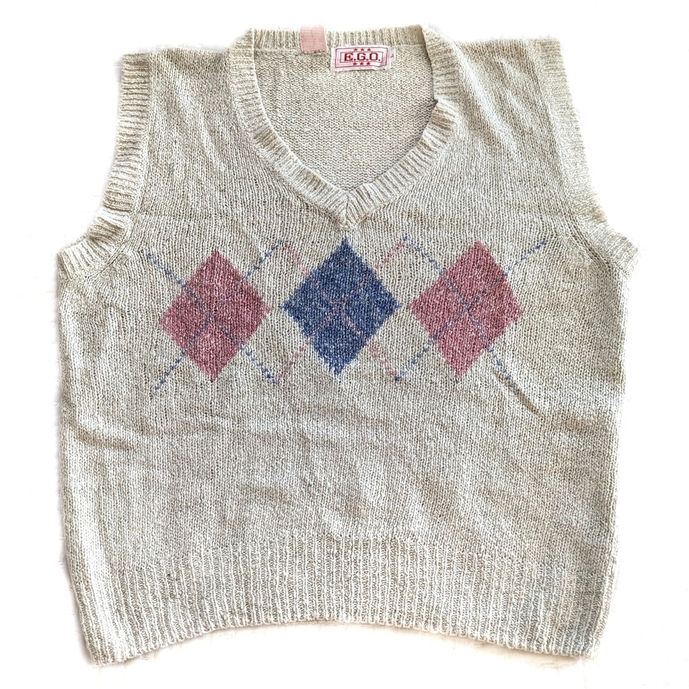 E.G.O. - Vintage Cropped V-Neck Silk Angora Knit Pastel Argyle Sweater Vest